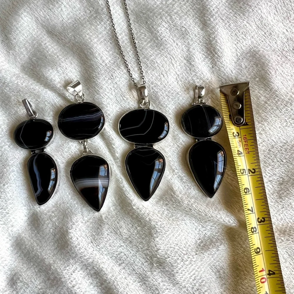 925 You Choose! Banded Black Onyx Chalcedony Pendant Necklace - Picture 3 of 10